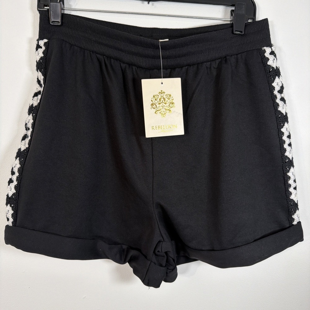 Rebellion Again High Waist Crochet Detail Black White Shorts Large Boho NWT - Picture 12 of 12